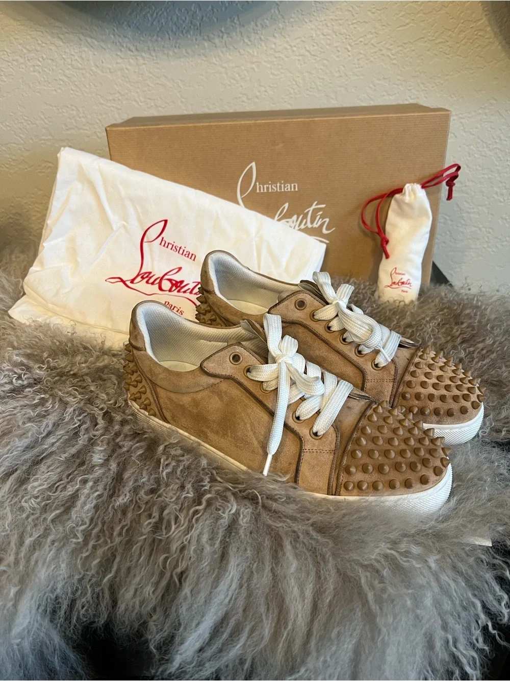 Christian Louboutin Brown Studded Lace-Up Sneakers with White Laces